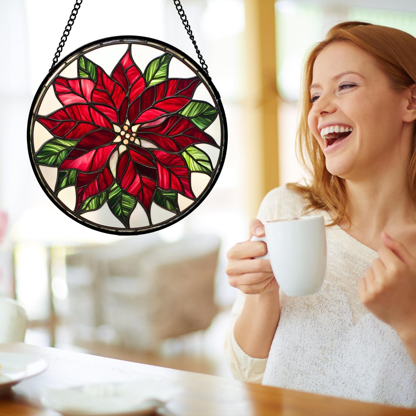 CRISGIF Stained Glass Window Hanging - Red Poinsettia Birth Flower Suncatcher for Door Garden Yard Sun Catchers Decor Christmas Mother's Day Birthday Gifts for Women Mom Nana Friend Men 11.8 in
