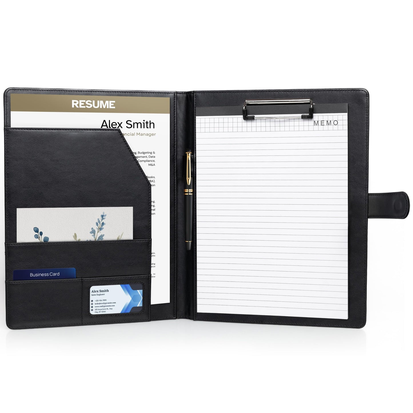 Professional Padfolio with Notepad Included | Faux Leather Portfolio Folder with Clipboard, Resume Folder, Legal Pad Holder, Business Card Holder | A4 Letter Size | Black