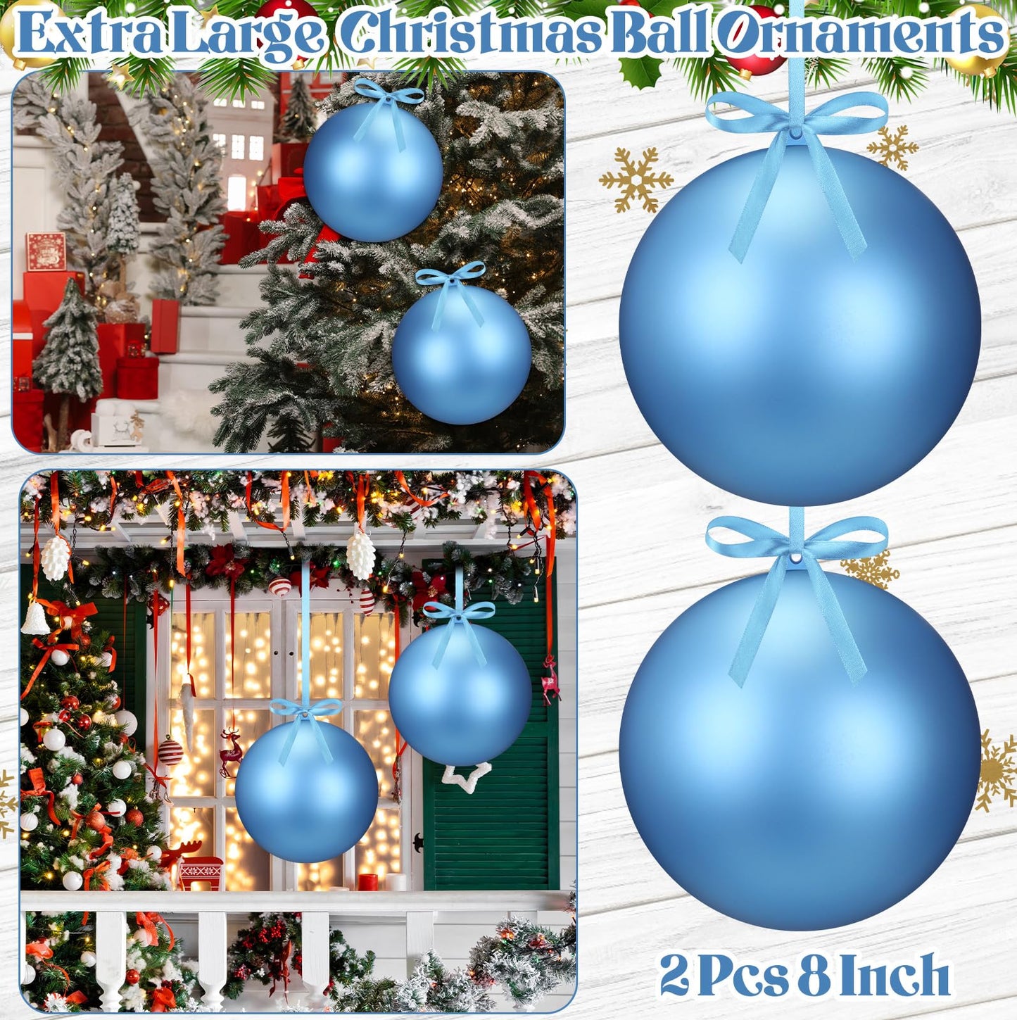 Zubebe 2 Pcs 8" Giant Fillable Christmas Ornaments with Ribbons Oversized Plastic Xmas Balls for Outdoor Lawn Yard Decor, Tree Hanging, Holiday Gifts(Matte Light Blue)