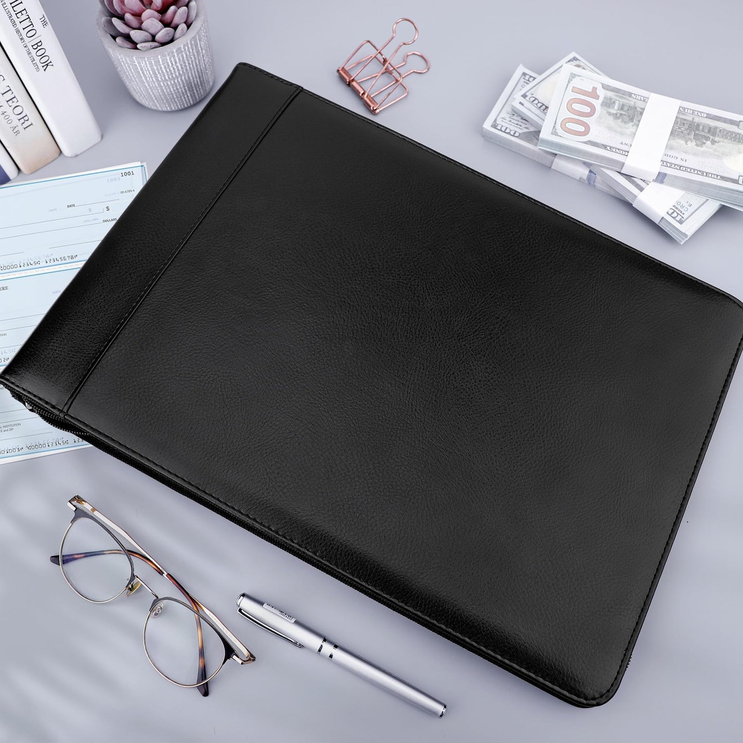 Antner Zippered 7 Ring Business Checkbook Binder Portfolio for 3-on-a-Page Business Checks, 600 Checks Capacity, PU Leather Check Book Binder Cover for 9x13 Sheets, Built-in Storage Organizer, Black