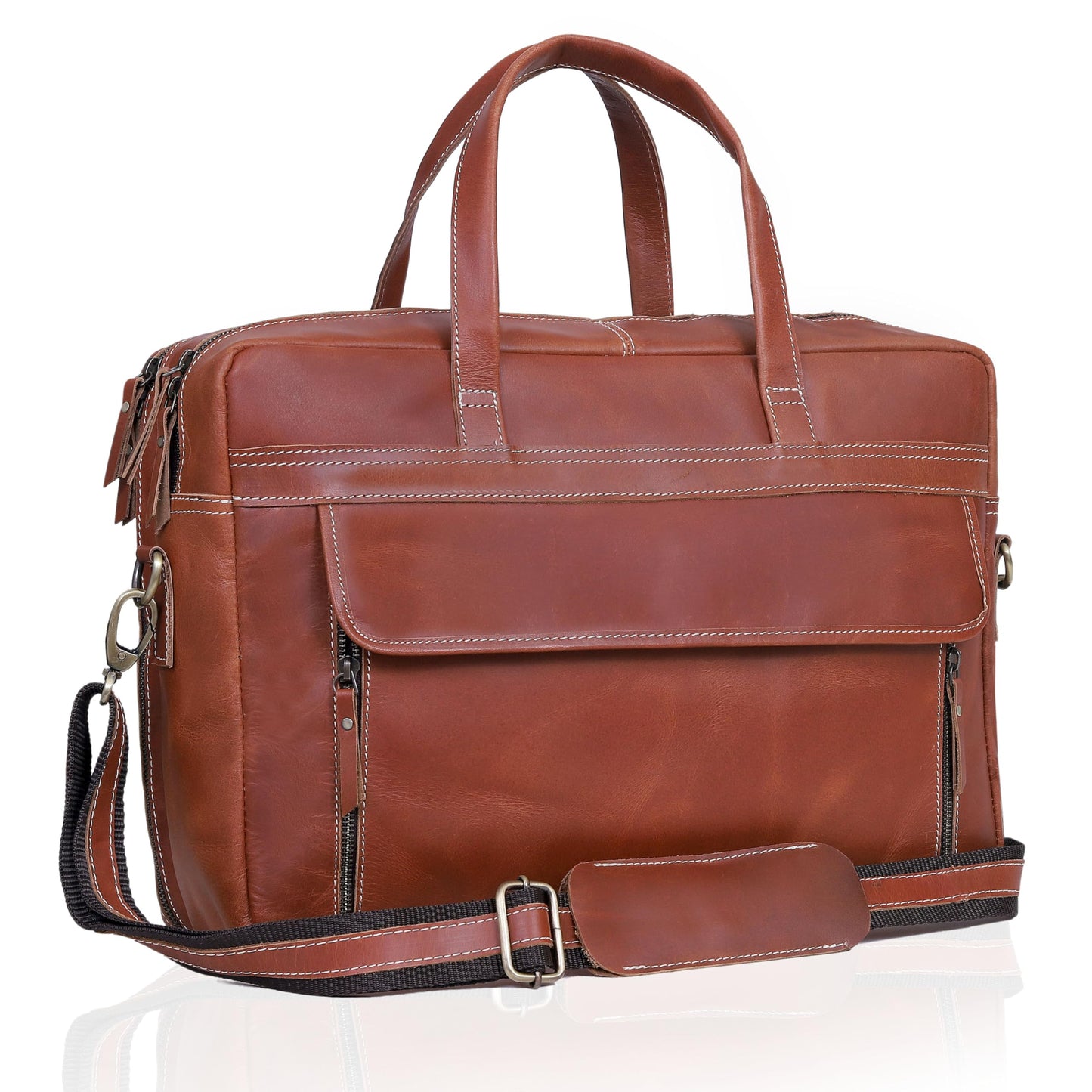 HLC 18 Inch Full Grain Leather Briefcase messenger shoulder bags for men and women (tan, 16 inch)