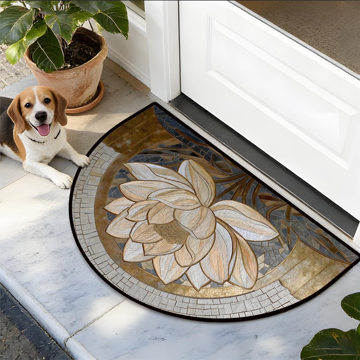 NYZE Semi Circle Door Mat Half Round Welcome Mat Non Slip Low-Pile Absorbent Half Circle Entryway Rug for Bathroom Bedroom Laundry Room(White Lotus, 24"×36")