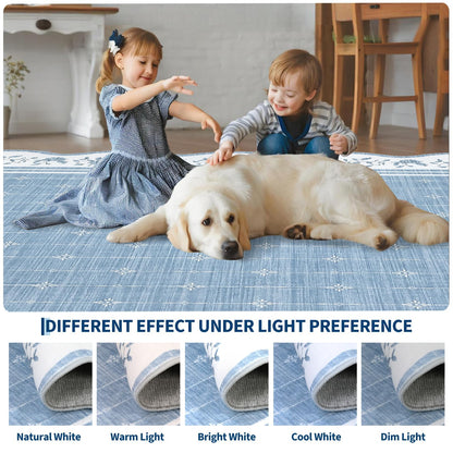 Garvee Washable Rugs for Living Room 8x10 Area Rugs for Bedroom Scalloped Rug Modern Bordered Non Slip Large Kids Bedroom Carpet Indoor Stain Resistant Floor Cover for Dining Room Office Nursery Blue