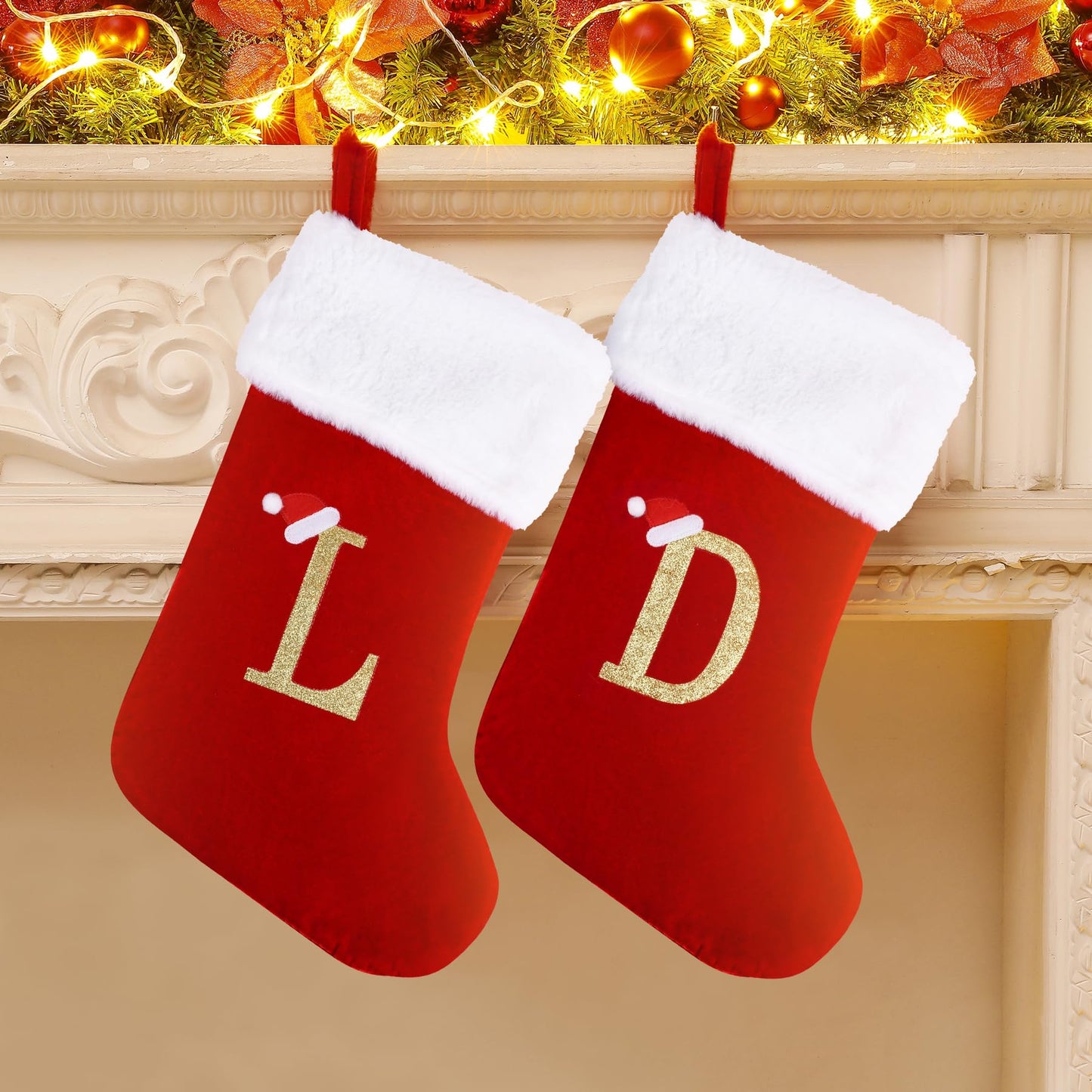 20 Inches Monogram Christmas Stockings with Letters, Large Super Soft Christmas Stockings Red Velvet with White Super Soft Plush Cuff for Christmas Xmas Tree Holiday Fireplace (A)