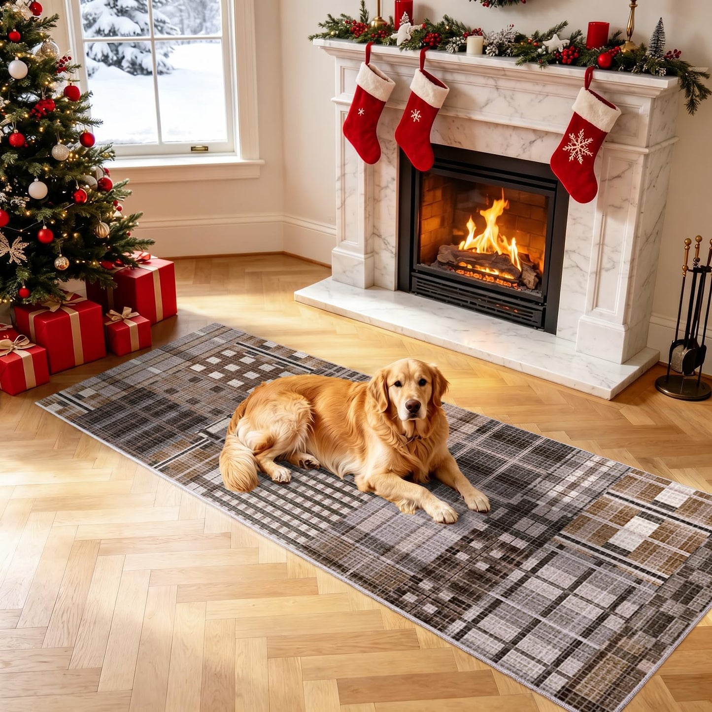 Rezutan Washable 2x6 Runner Rug, Hallway Modern Plaid Non Slip Soft Rugs Caramel Brown Grey Chocolate Geometric Checkered Kitchen Low Pile Non-Shedding Foldable Runners for Entryway Laundry Bedside