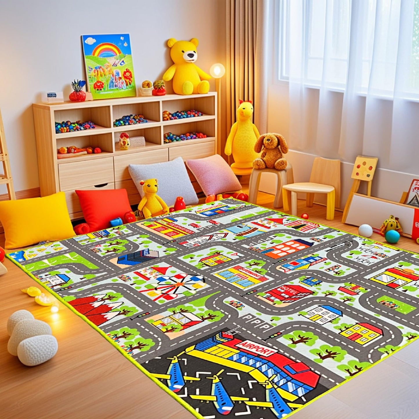 HBUFBUQ Car Rug 2.6x5 Feet - Road Carpet with Buildings & Supermarket Kids Play Rug for Plyroom City Rugs for Kids Play Activity
