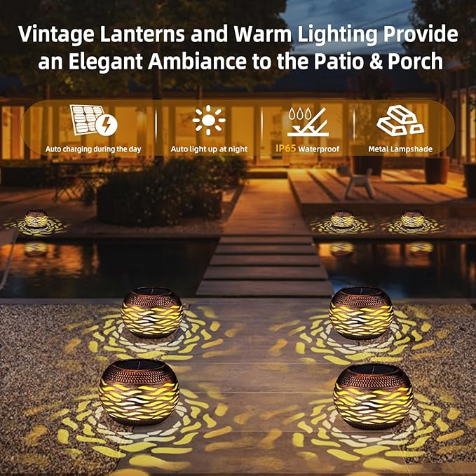 Waterproof Solar Lanterns Outdoor 2-Pack - Retro Metal Hollow-Out Solar Table Lamp for Outdoor Yard Garden Porch Patio Lawn Decorations Unique Gardening Gifts for Women, Mom