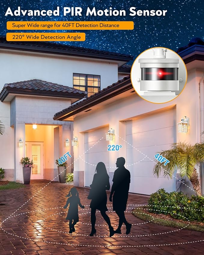 VIANIS White Motion Sensor Exterior Wall Lantern, 2 Pack Dusk to Dawn Outdoor Light Fixture Wall Mount, Anti-Rust Modern Outdoor Wall Sconce Lighting for House Front Porch Garage with Tempered Glass