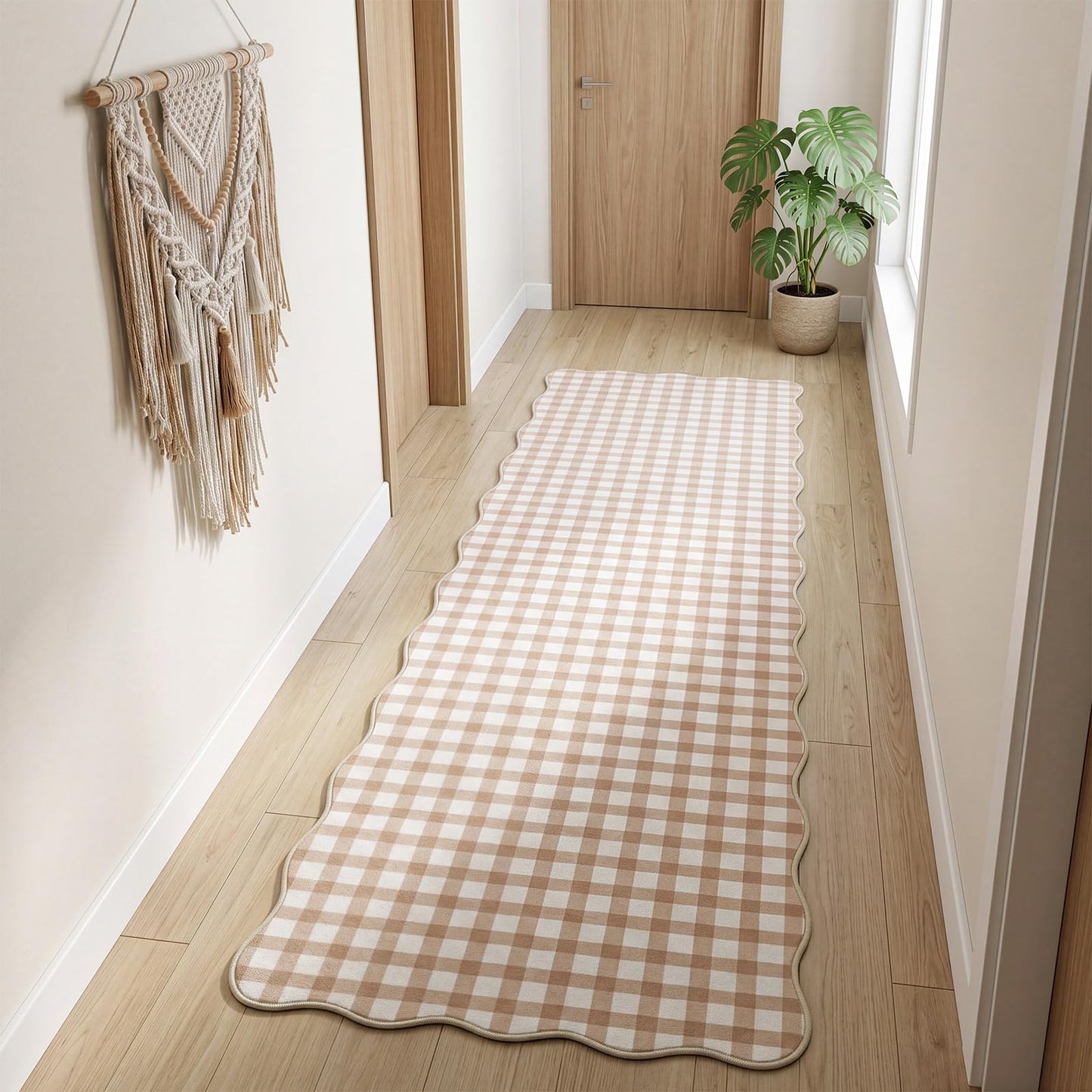2 x 6 ft Scalloped Gingham Runner Rug - Hallway Washable Runner Rug Non Slip Khaki Gingham Long Laundry Runners with Rubber Backing Low-Pile Stain-Resistant Indoor Carpet, Soft for Entryway Bathroom