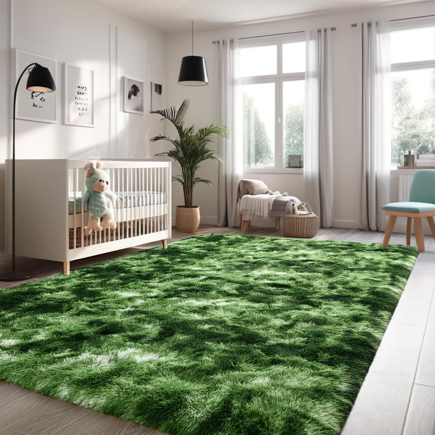 Larhom Nuttumico Fluffy Modern Area Rugs for Living Room Bedroom, 4x6 Feet Plush High Pile Dark Green Rug for Kids Girls Room Nursery Home Decor, Upgrade Non-Slip Girls Bedroom Soft Indoor Rug