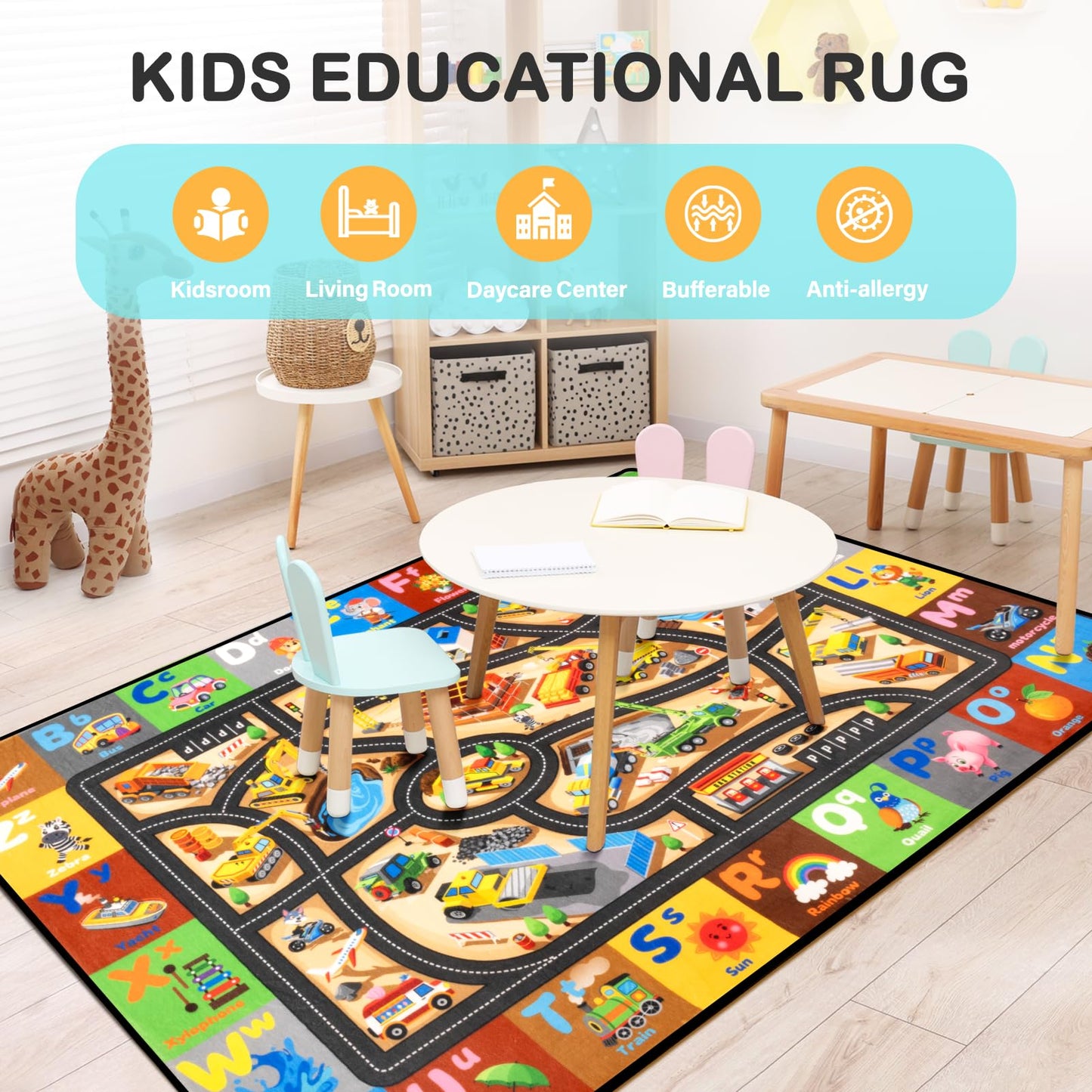 Diysani Construction Site Rug 6x9FT Car Rug Play Mat Non-Slip Car Carpet for Kids Washable ABC Alphabet Playroom Rugs for Kids Playroom