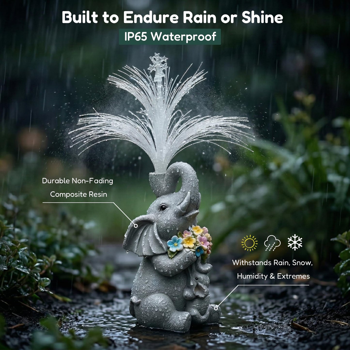 Vuees Solar Elephant Statue with Fiber Optic Light, Resin Animal Figurine Garden Decor, Waterproof Outdoor Sculpture Ornament for Patio, Yard, Porch and Lawn Decoration