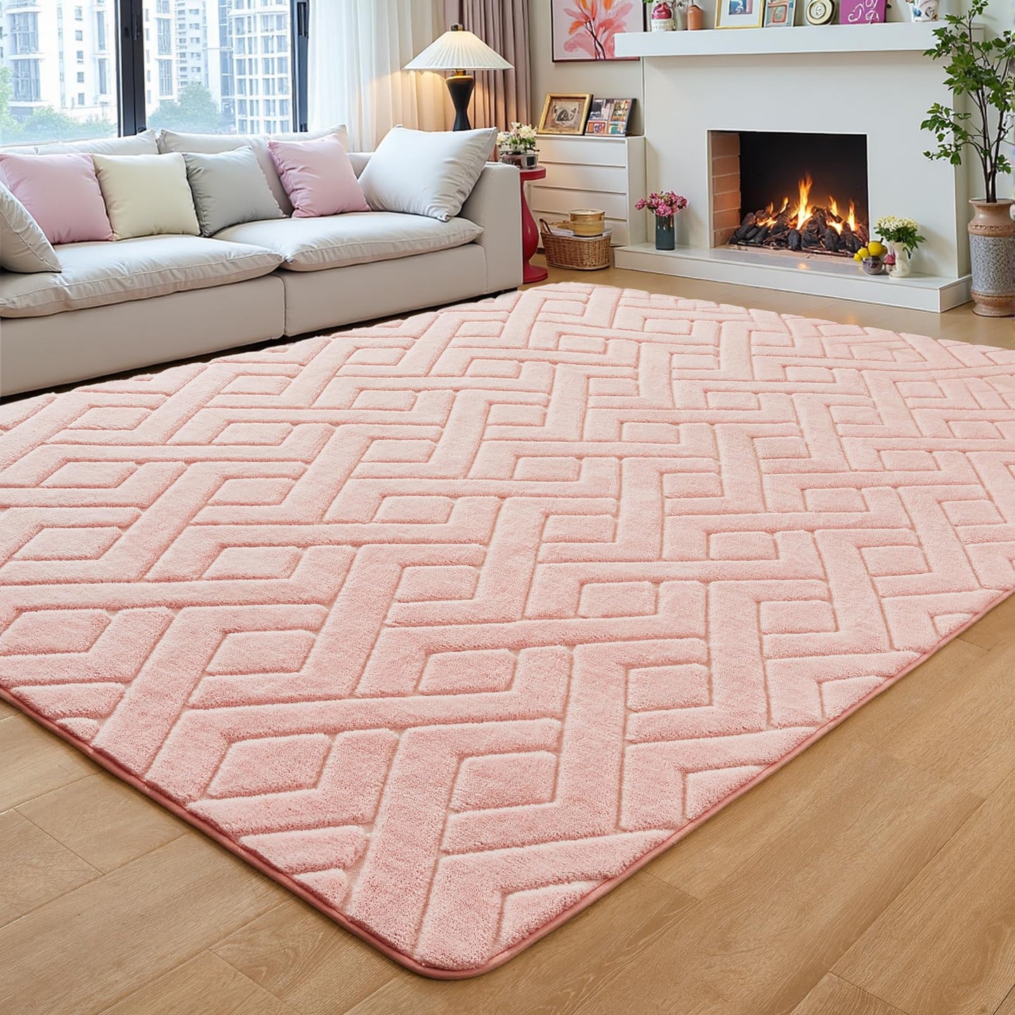 Flagover 4x6 Pink Washable Area Rug for Girls Bedroom, Modern Geometric Shag Non-Slip Living Room Rugs, Fluffy Plush Soft Memory Foam Carpet for Kids Room Nursery Room Dorm Bedside Decor
