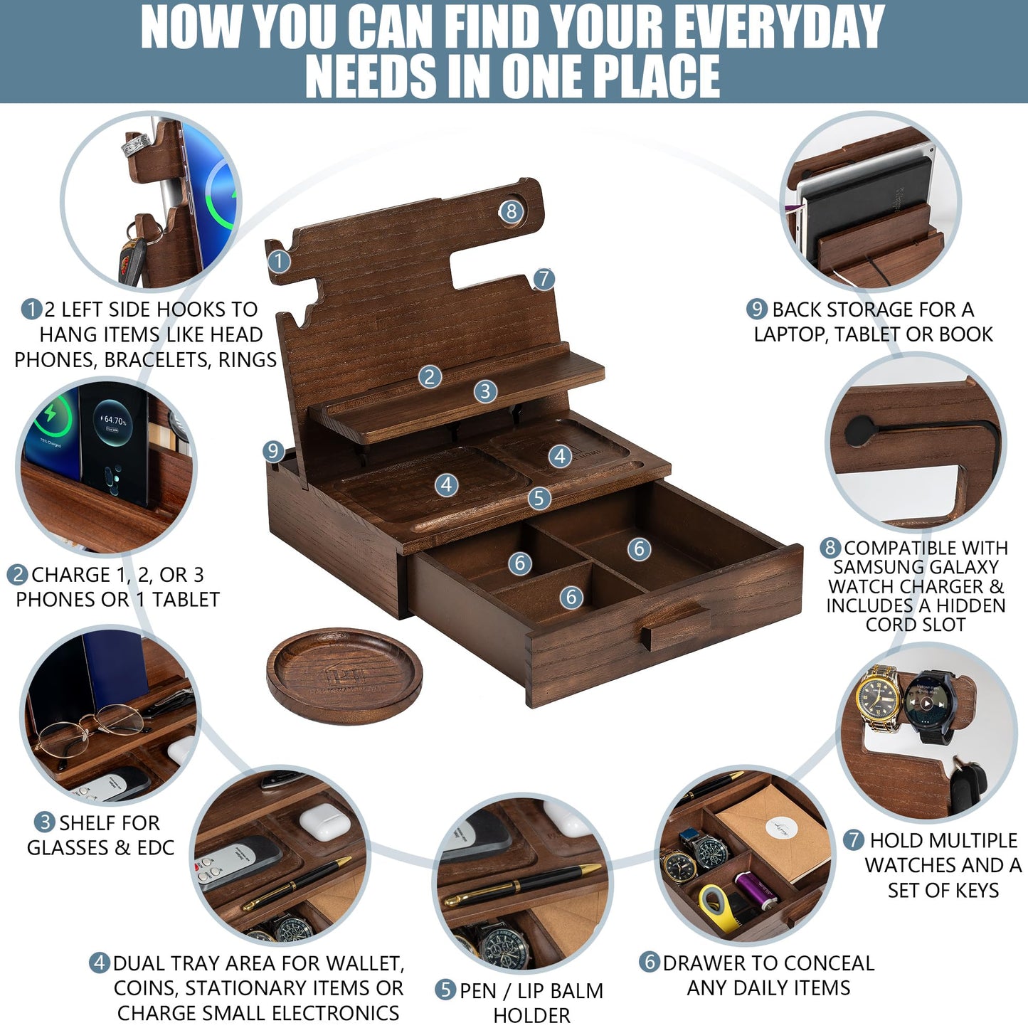Black Wood Phone Docking Station for up to 3 Phones - Nightstand Organizer for Men & Women, Compatible with Apple Watch, Holds Phones, Tablets, Keys, Rings, Glasses, Watches, EDC & More