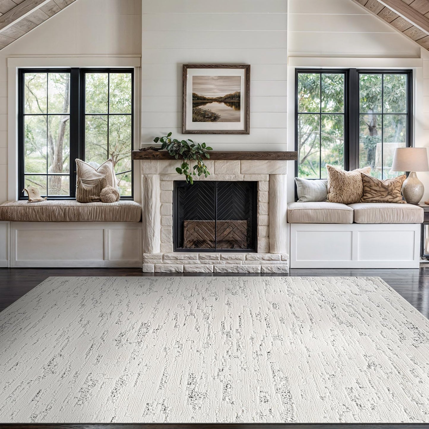 Beverly Rug Micro Loop Area Rug White/Gray 5x7 Abstract Modern Luxury Brushstroke Durable Soft Indoor Rugs for Living Dining Room Office Stain Resistant Non Shedding Casual Indoor Carpet 5 x 7