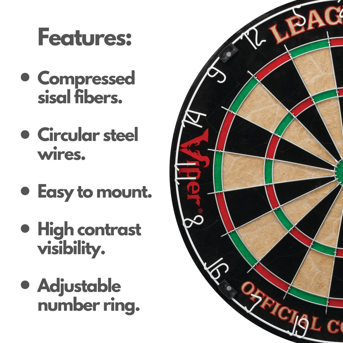 Viper League Pro Sisal Bristle Dart Board for Adults Starter Set with Cricket Scoreboard, Regulation 17.75 Inch Steel Tip Dartboard, 3 Darts, and Chalk