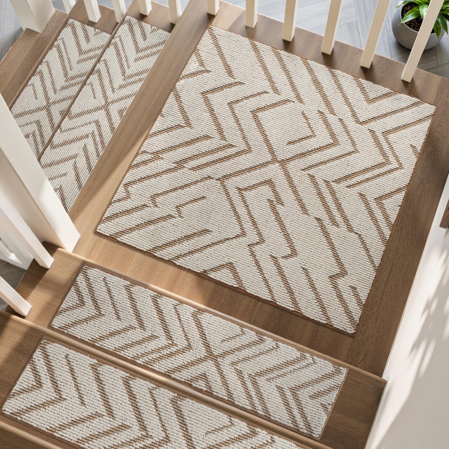 PADOOR Stair Treads Landing Rugs Non Slip,3D Peel and Stick Stair Treads for Wooden Steps,Square Washable Stair Runner Indoor for Kids,Elders and Pets,31"x31", Brown