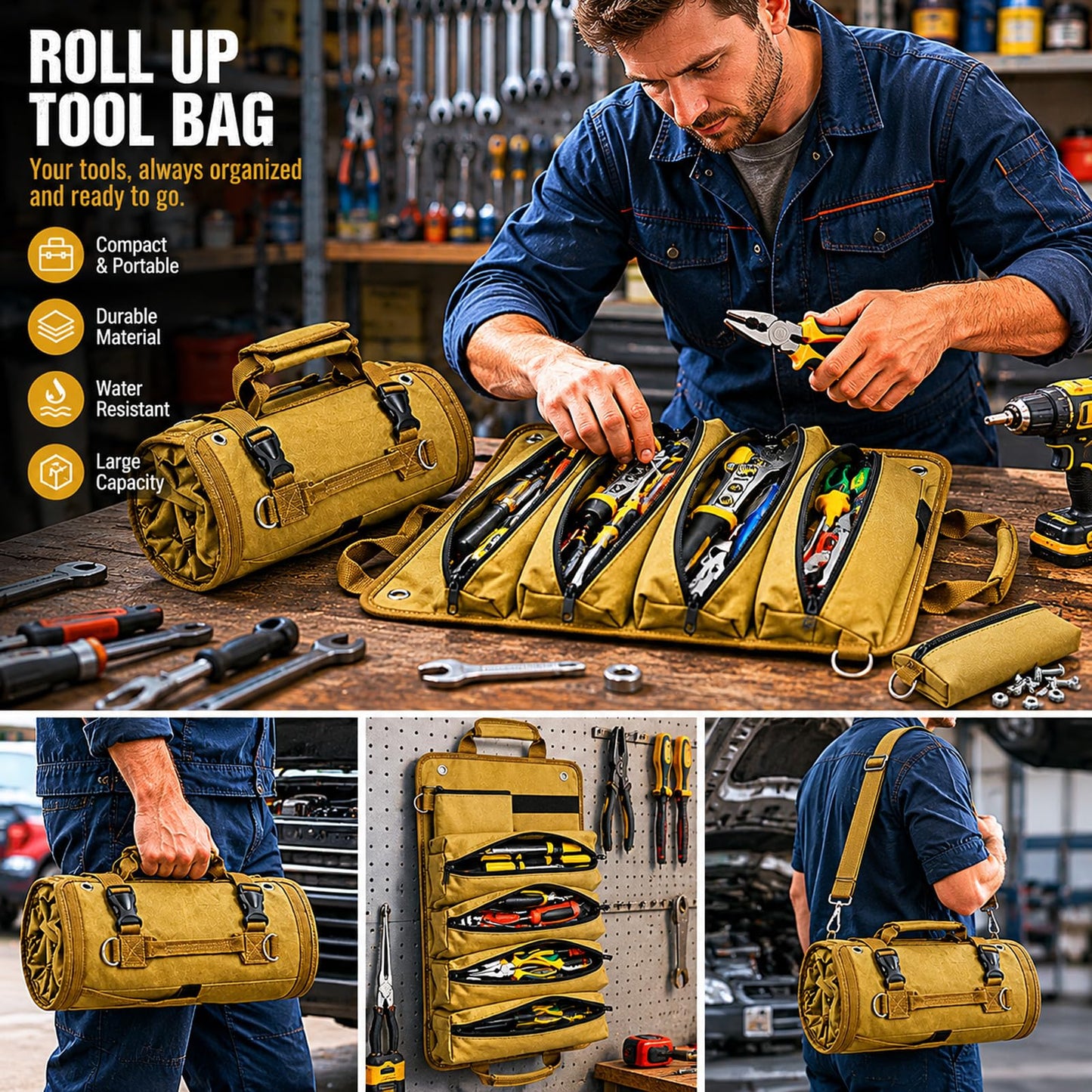 Tool Bag, Tool Roll Up Bag, Heavy Duty Tool Organizer for Men, Portable Roll Up Tool Bag Tool Roll Organizer For Mechanic, Electrician & Hobbyist, Car Camping Gear-Kaqi Pro