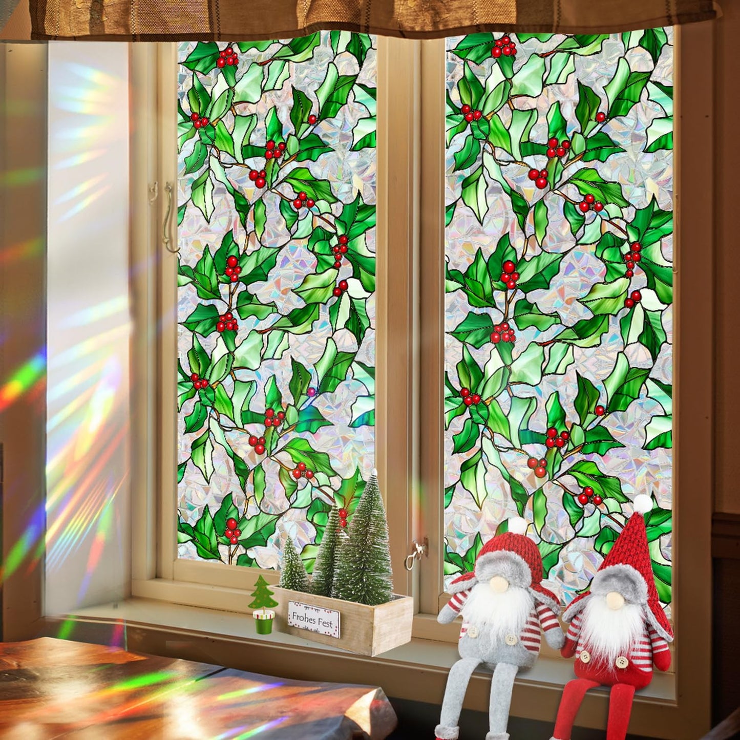 Christmas Window Film Christmas Green Window Clings DIY Glass Art Decoration Xmas Red Berry Designs Privacy Film Stained Glass Window Film Windows Sticker for Holiday Bedroom Door Decor