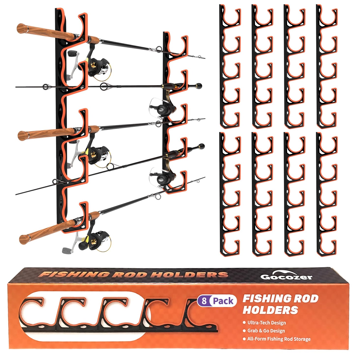Gocozer Fishing Rod Holder for Garage, H5 Wall or Ceiling Mounted Fishing Pole Holders with Soft Protective Pad, Fishing Rod Storage Organizer, Horizontal Fishing Rod Wall Mount Nets Storage (8 PACK)