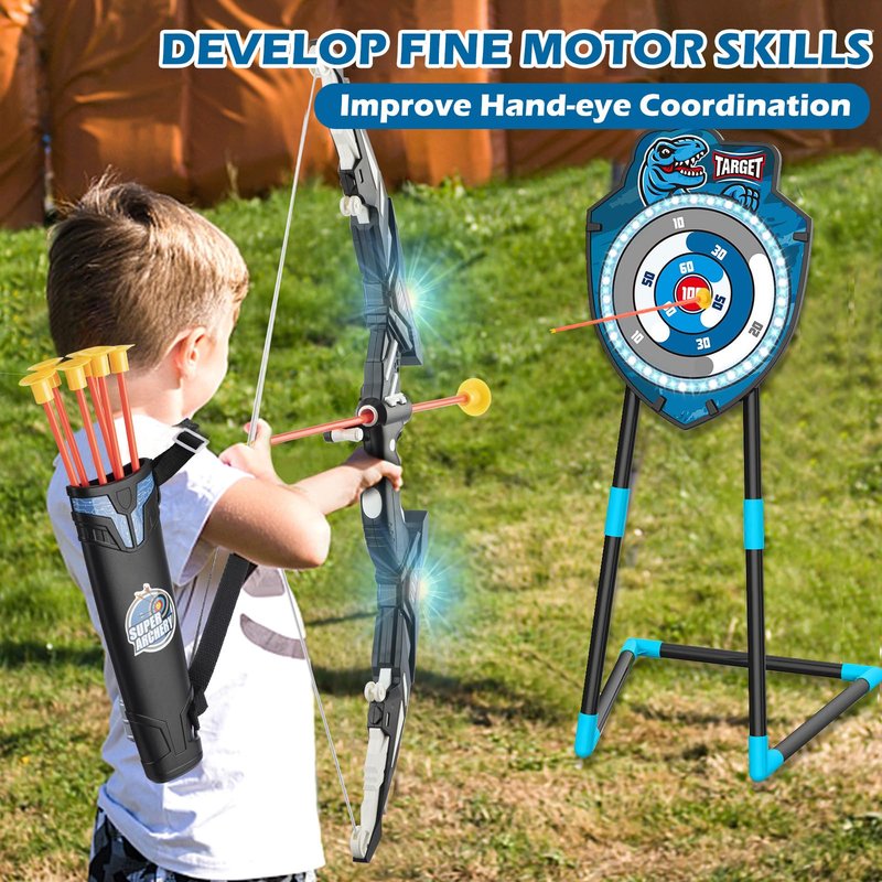 VROGTIK Kids LED Archery Set with Standing Target, 10 Suction Cup Arrows Bow and Arrow for Kids 3-12, Indoor Outdoor Sport Toy for Boys Girls