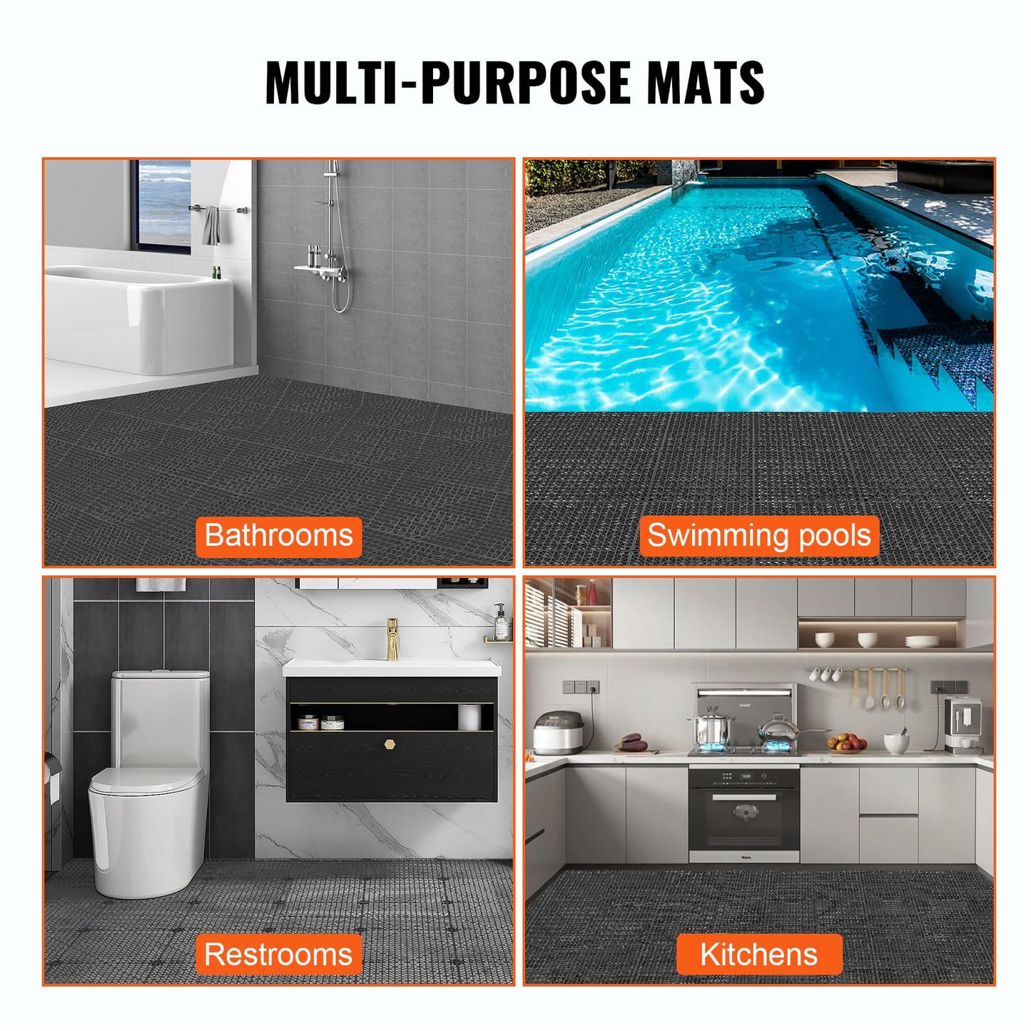 VEVOR Interlocking Tile 55PCS Black, Drainage Tiles 12" x 12" Splicing, Soft PVC Interlocking Drainage Floor Tiles, Non-Slip Drainage Holes for Restroom, Bathroom, Kitchen, Pool, Wet Areas