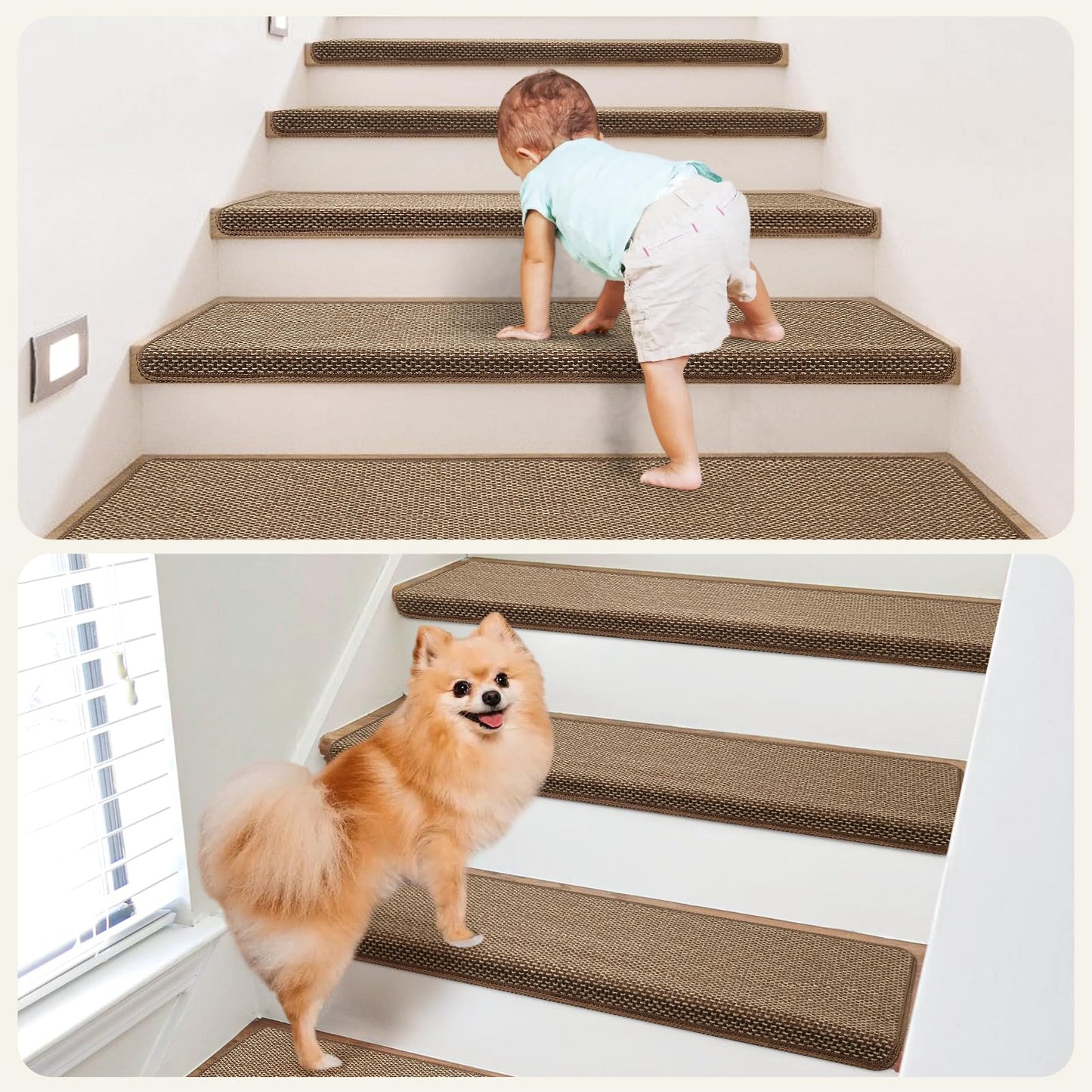 SMILOOL Bullnose Carpet Stair Treads Non Slip for Wooden Steps Indoor, 9.5" x 35" 14 Pieces, Extra Wide Bull Nose Carpet Runners for Wood Stairs, Step Covers, Stair Tread Rugs, Washable, Brown
