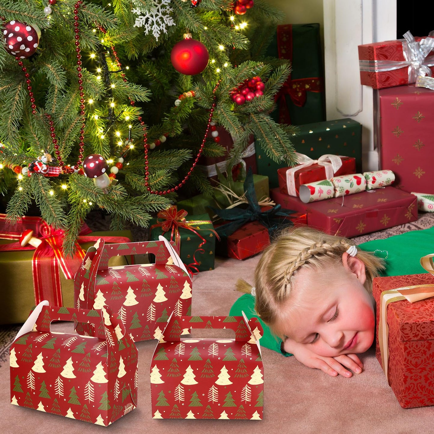 Feifeiya 30 Pcs Christmas Treat Boxes with Handles Xmas Red Gift Boxes Paper Candy Cookie Christmas Tree Cupcake Snack Goodies Gift Wrap Container Bags for Kids Xmas Party Favor Supply Decoration