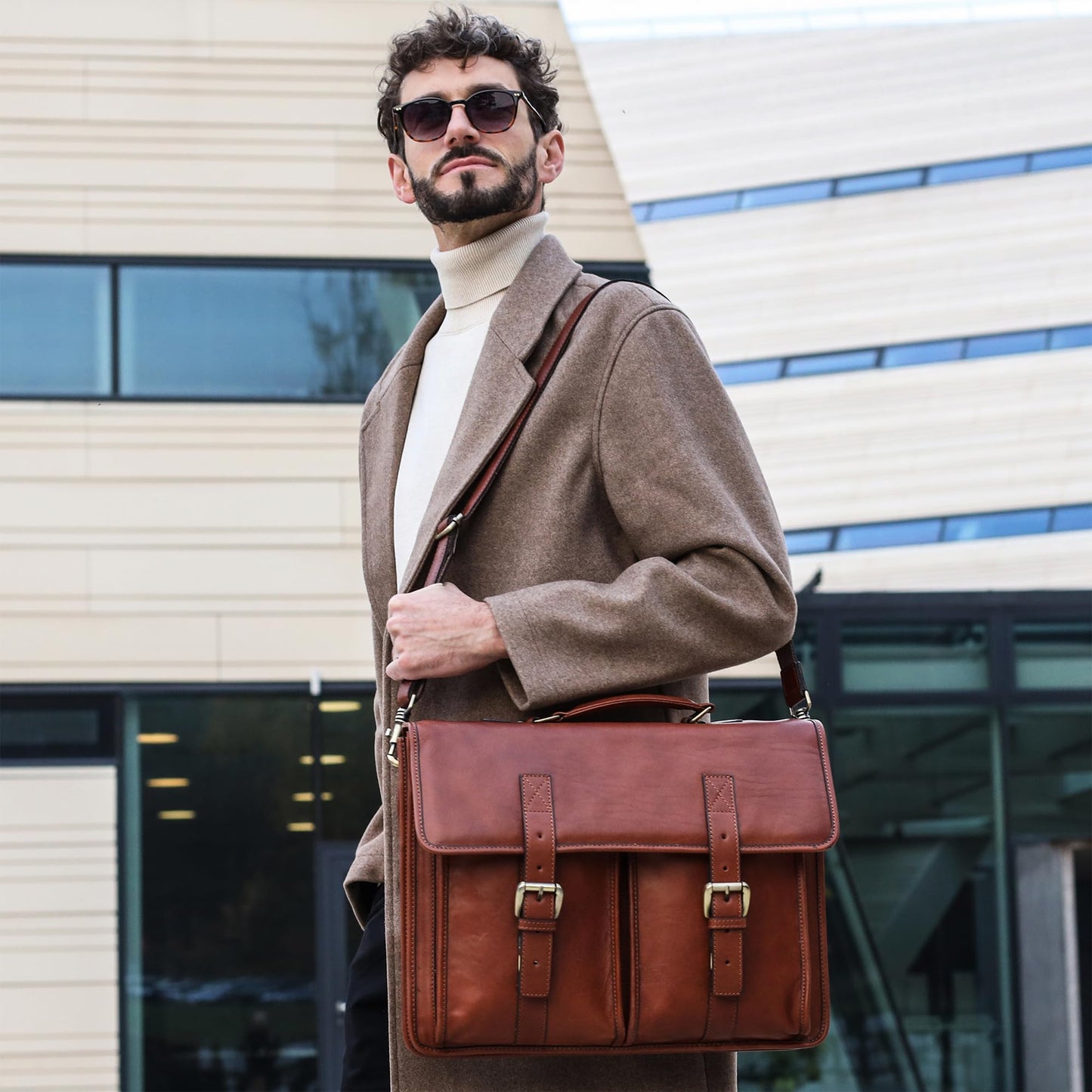 Time Resistance Leather Briefcase for Men - Handcrafted in Italy Full Grain Messenger Bag - Laptop Bag (Cognac Brown)
