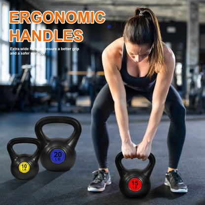 Fitvids Wide Grip 3-Piece Kettlebell Exercise Fitness Weight Set, Include 5 lbs, 10 lbs, 15 lbs and 20 lbs, Set of 3 or Set of 4