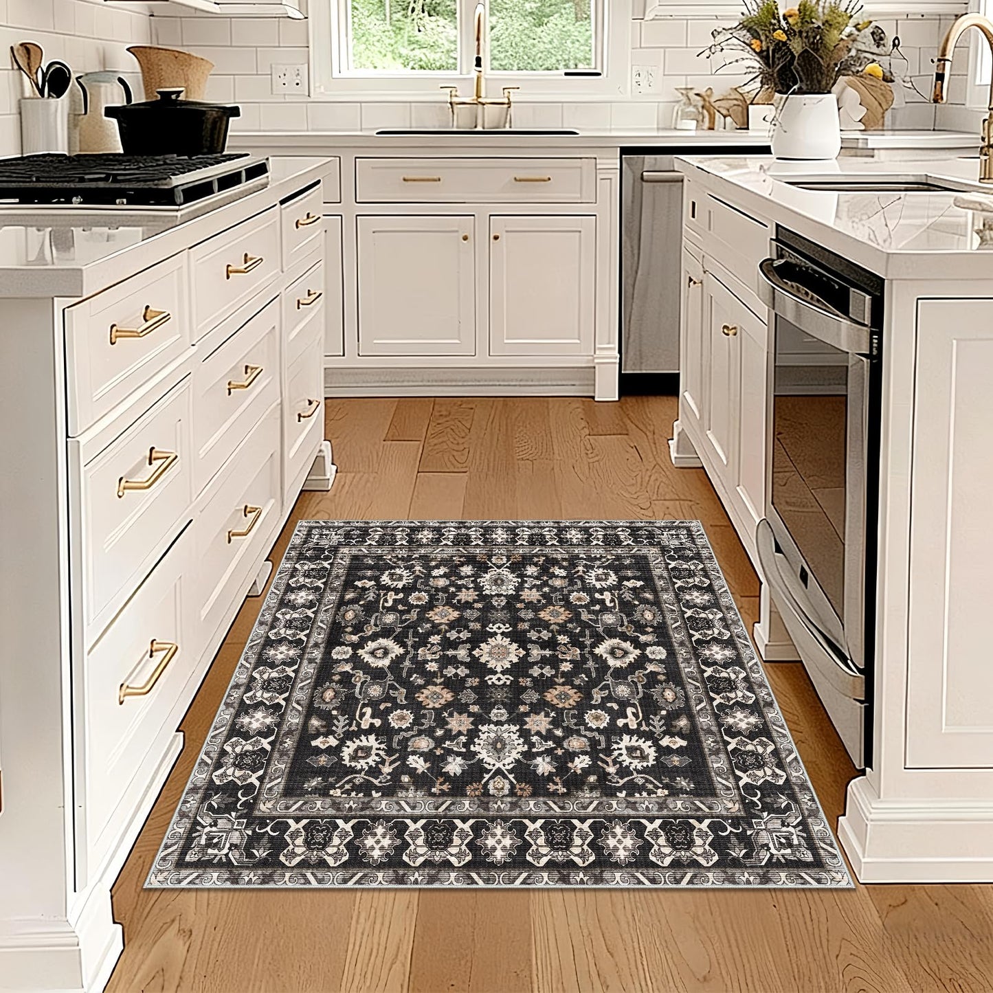 Washable 3x3 Square Rug for Entry Bathroom Kitchen Bedroom Carpet - Non Slip Low Pile Soft Throw Door mat - Protect Hardwood and Laminate Flooring Floral Farmhouse Decor 3x3 Black