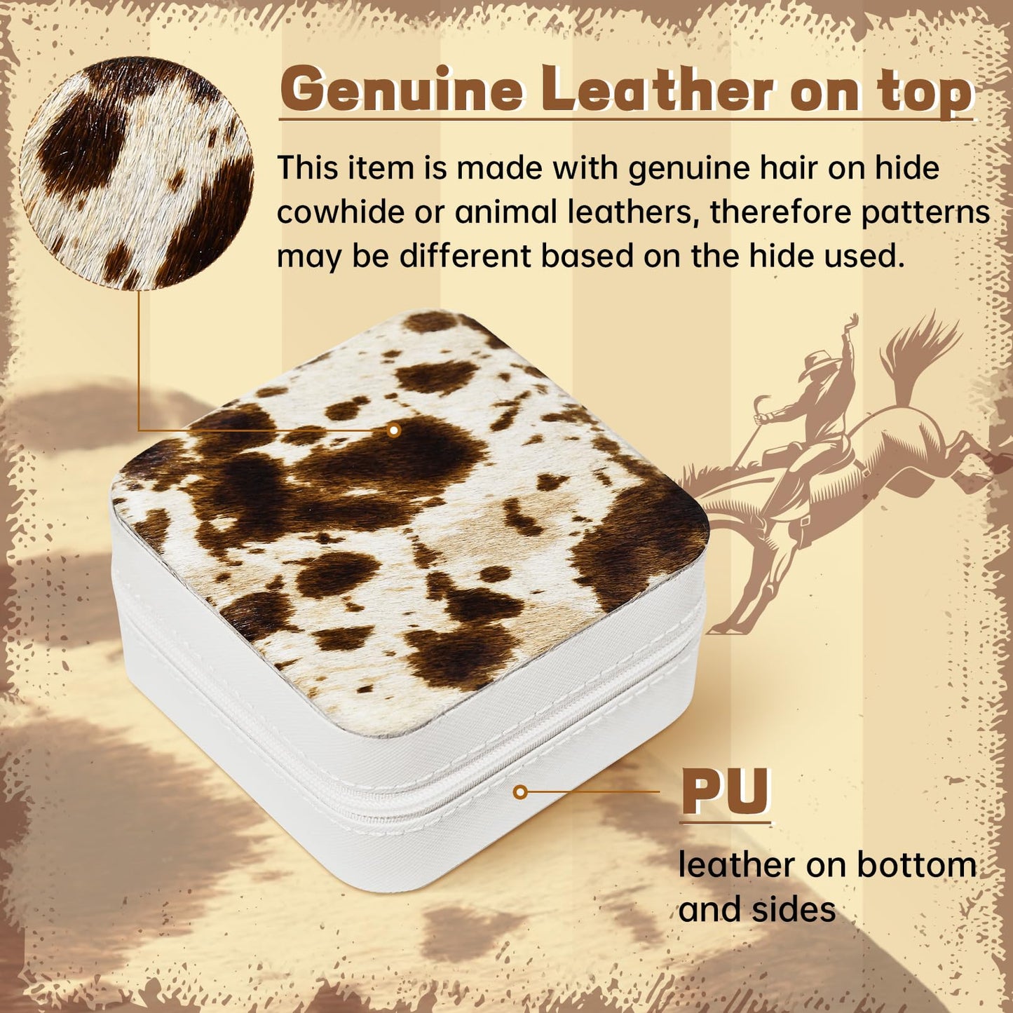 DEEKA Western Jewelry Box Case Real Leather Cow Print Cowhide Tooled Travel Jewelry Organizer Gifts Christmas Gifts for Women Country Girls Cowgirl Stuff Portable Travel Accessories -Brown