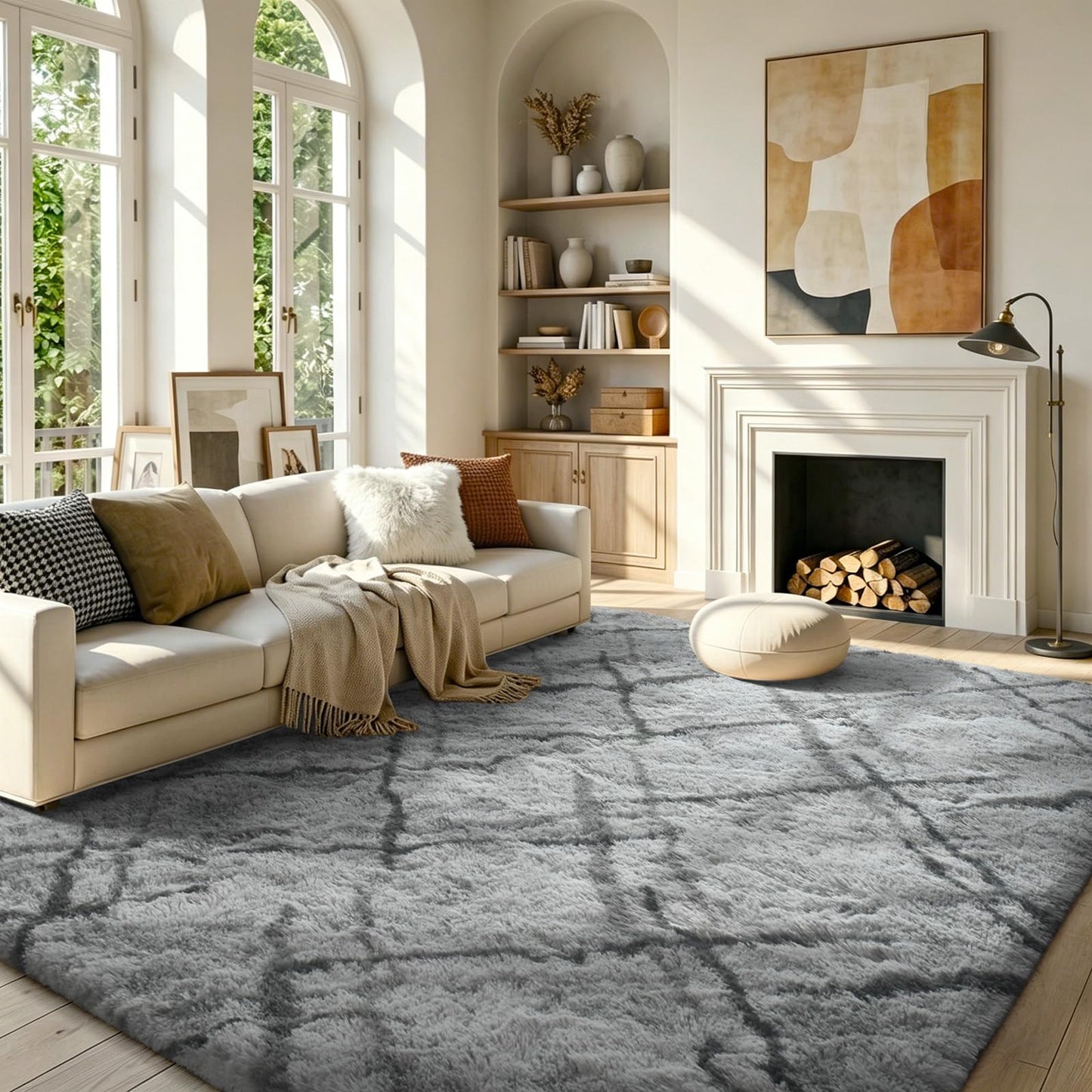FinRèc Area Rugs for Bedroom Living Room, 4x6 Feet Fluffy Shaggy Rug, Non-Slip Soft Shag Rug for Nursery Kids Room Dorm Room Home Decor, Indoor Plush Floor Carpet Star Grey