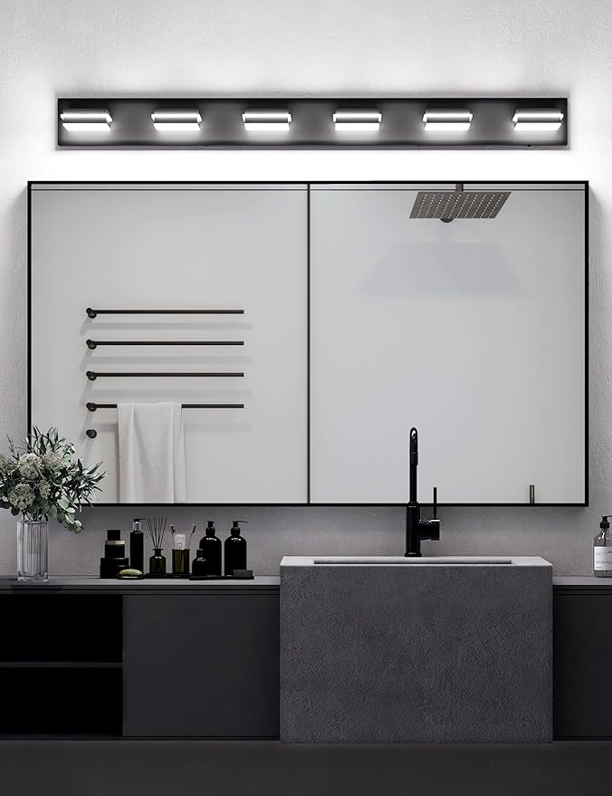 VOLISUN Modern Bathroom Vanity Light Fixtures (6-Light, 48-Inch), Matte Black LED Bathroom Lighting Fixtures Over Mirror, 360°Rotatable Head, LED Vanity Lights for Bathrooms (Cool White 6000K)