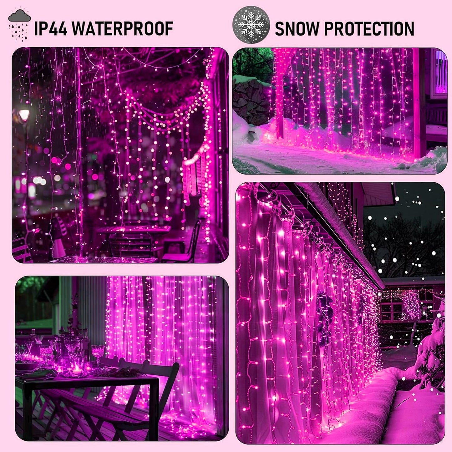 Dazzle Bright 300 LED Curtain String Lights, Valentine's Day Fairy Lights for Bedroom with 8 Lighting Modes, Connectable Waterproof Window Lights Party Wedding Garden Wall Christmas Decor, Pink