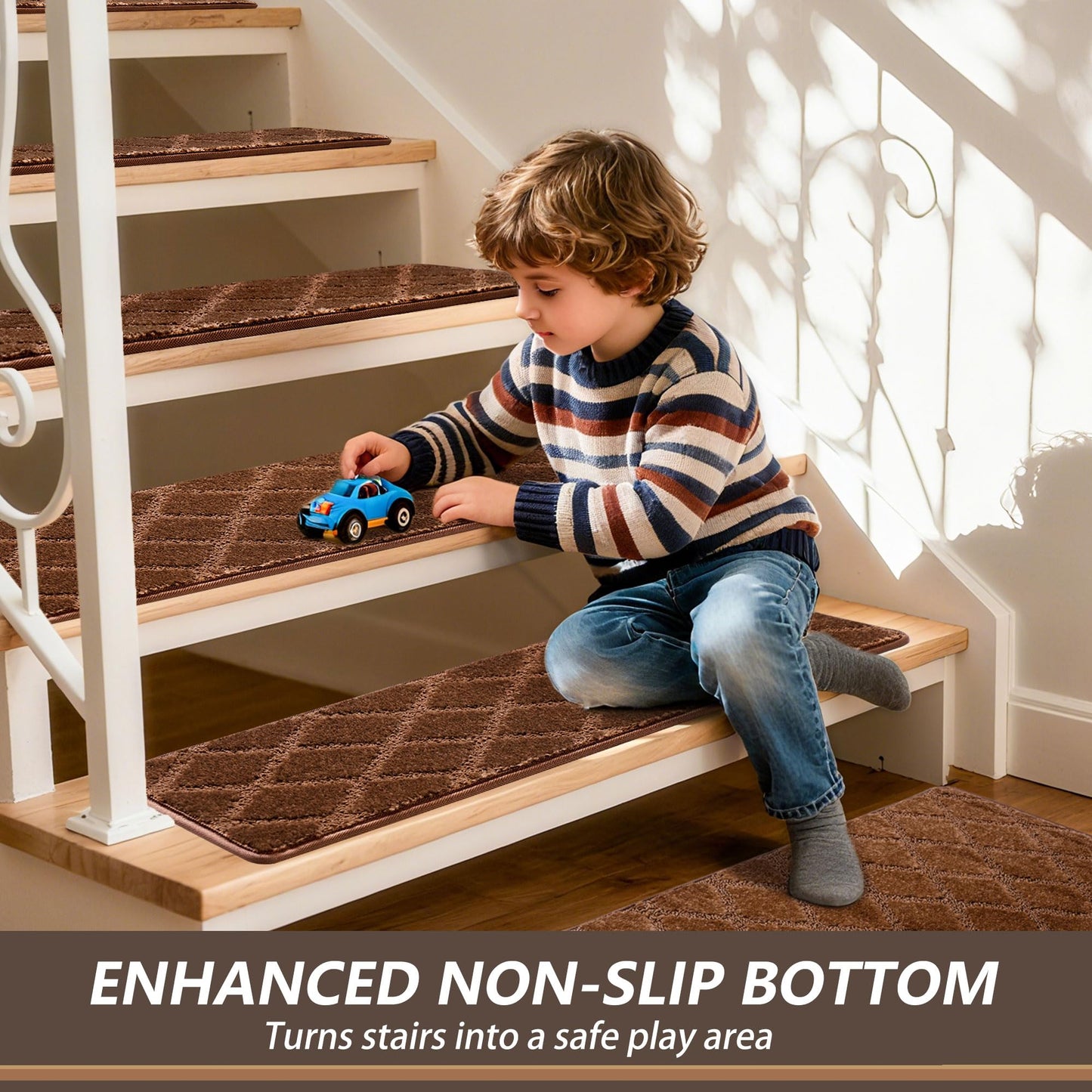 JOYKISS 9"x30" Stair Treads for Wooden Steps Indoor, 2Pcs Non Slip Peel and Stick Carpet Stair Treads, Washable & Reusable Self Adhesive Stair Runner Rug for Kids Elders Pets - Brown