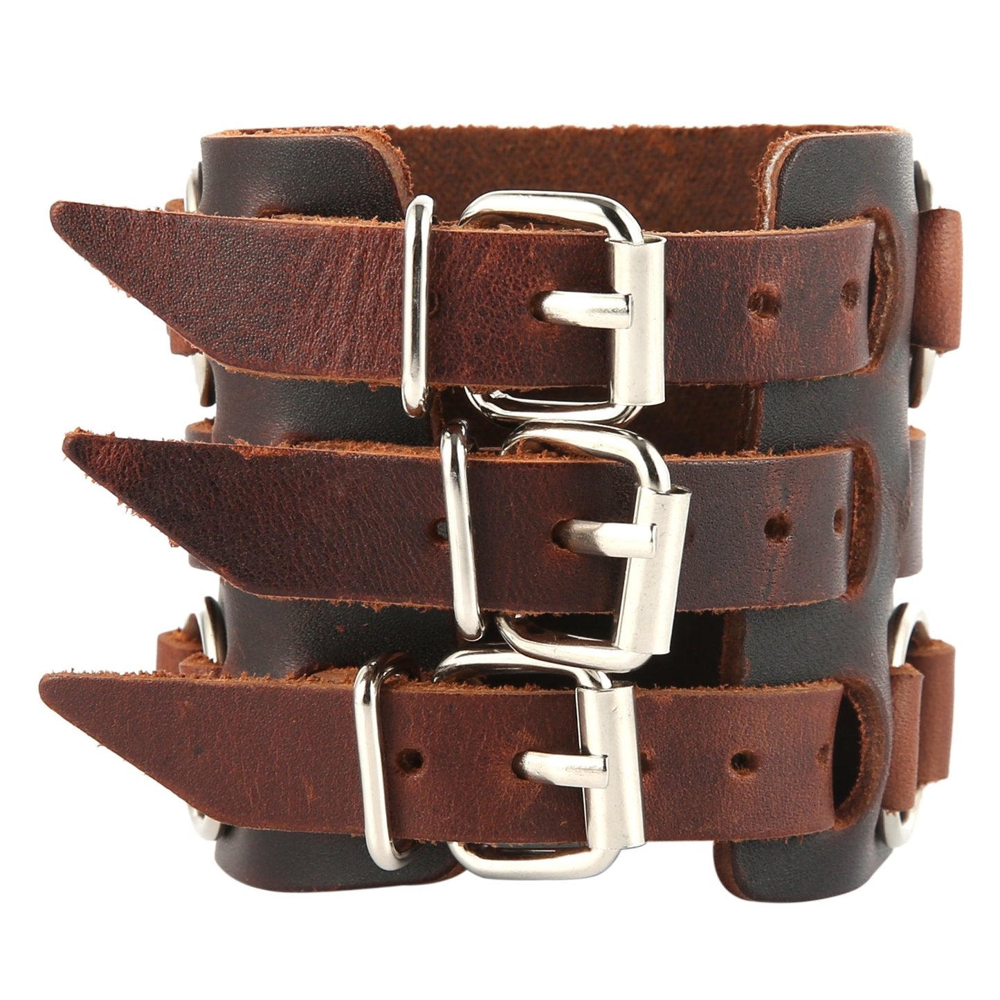 HZMAN Men's Alloy Ring Genuine Leather Bracelet Bangle Cuff Silver Tone Adjustable (Brown)