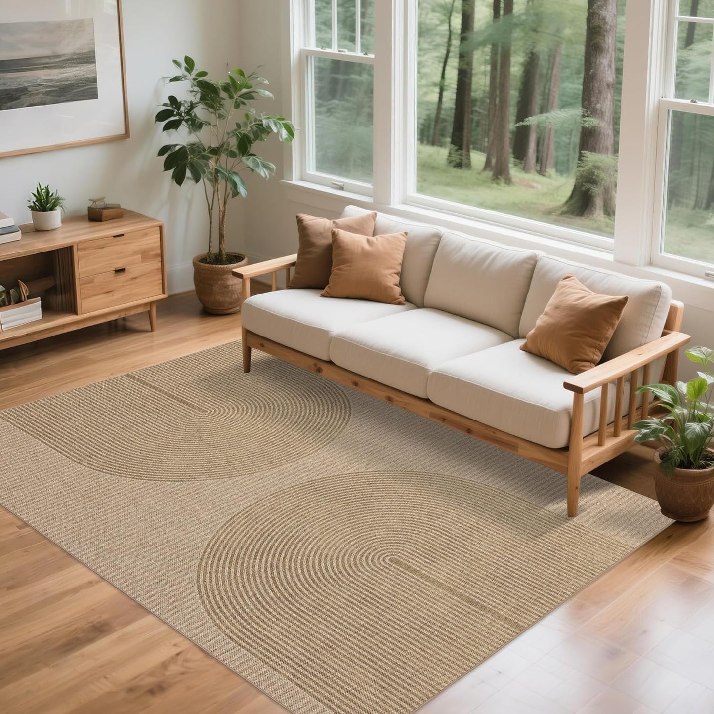 Easy Jute Rug 4x6 Outdoor: Natural Modern Area Rugs for Patio Porch Deck Linen-Look Fabric Durable - Neutral Washable Carpet for Entryway Living Room Bedroom Indoor Non Slip - Geometric Arch Pattern