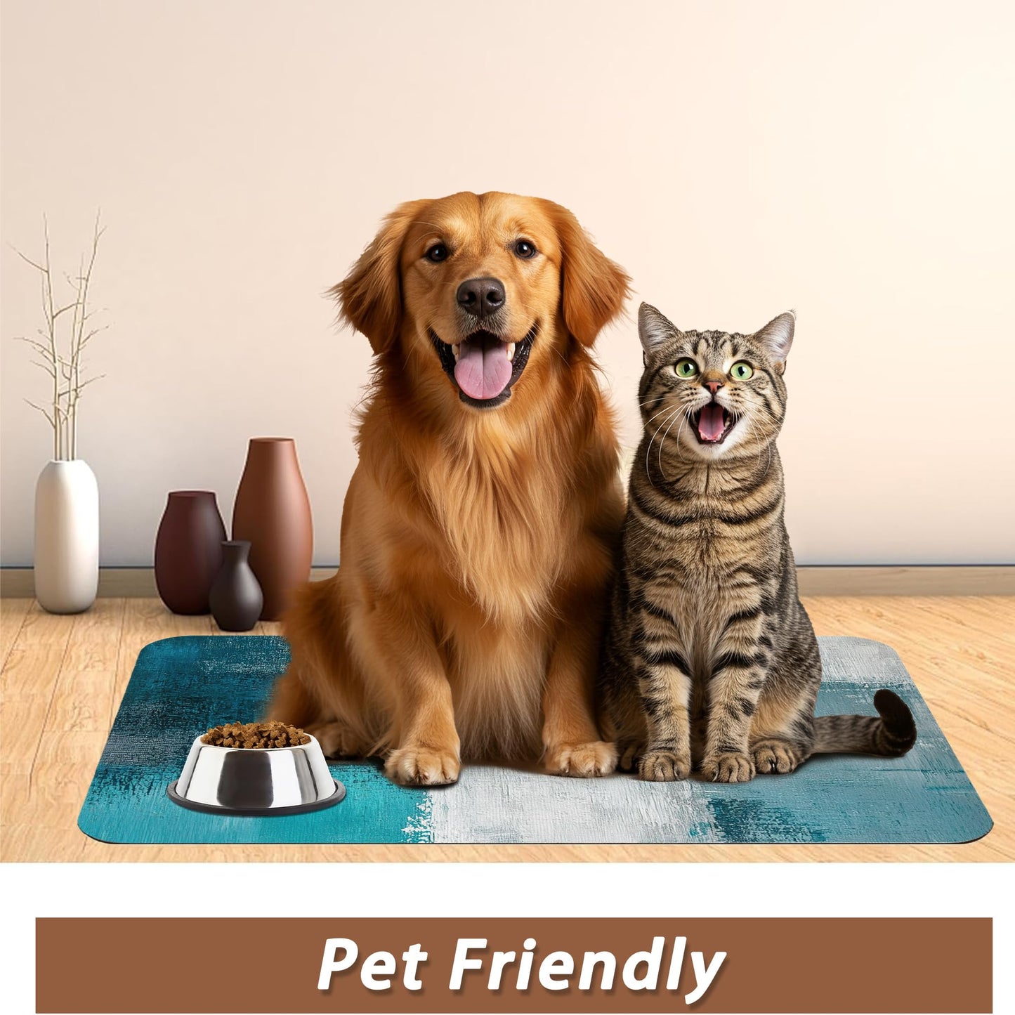 Turquoise Grey Dog Cat Food Mat,Teal Modern Art Absorbent Pet Feeding Mat for Food and Water,Non-Slip Dog Bowl Mats Floor Protector 16"x24"