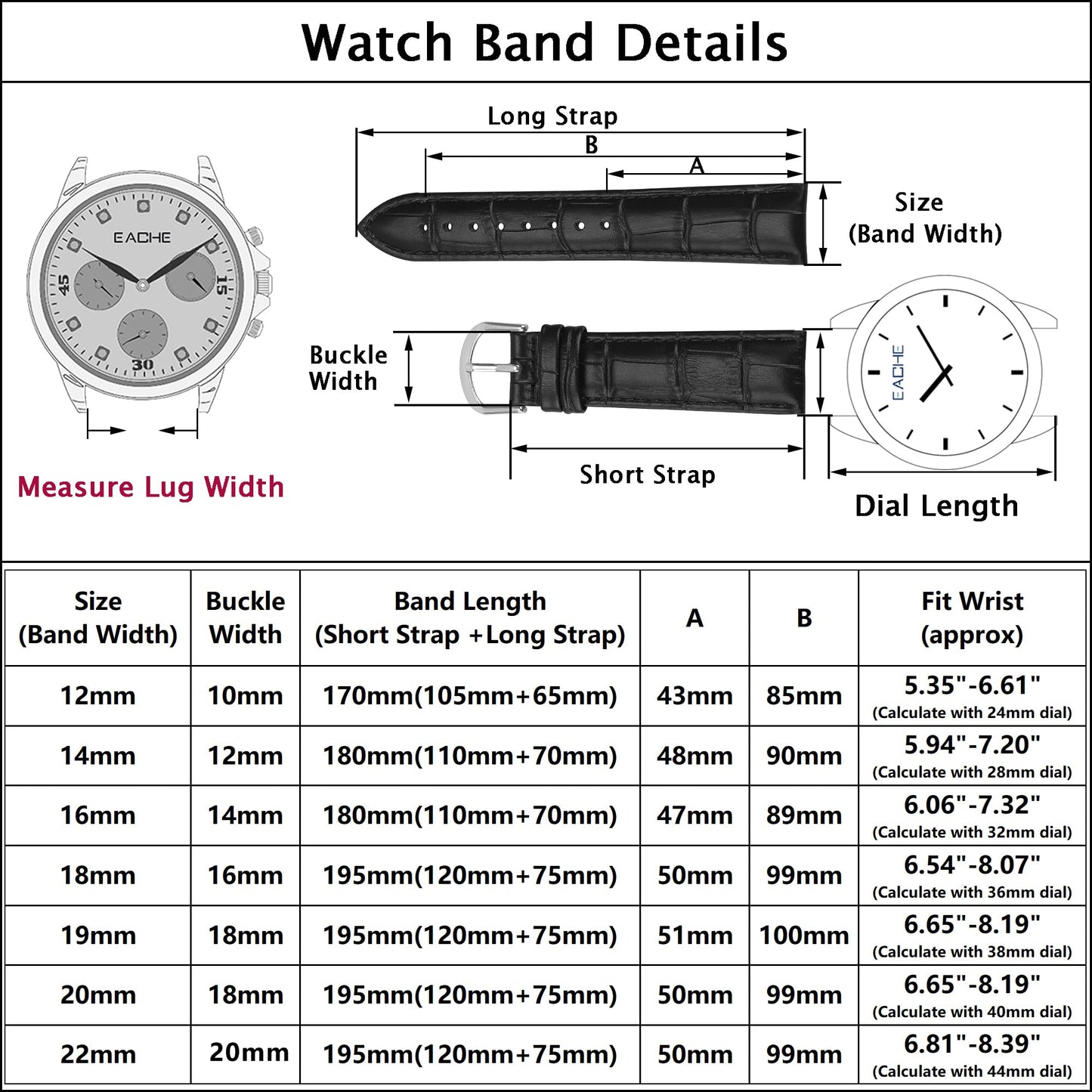 EACHE 12mm Croco Leather Watch Bands Black Classical Leather Watch Straps Waterproof Black Watch Bands With Gold Buckle