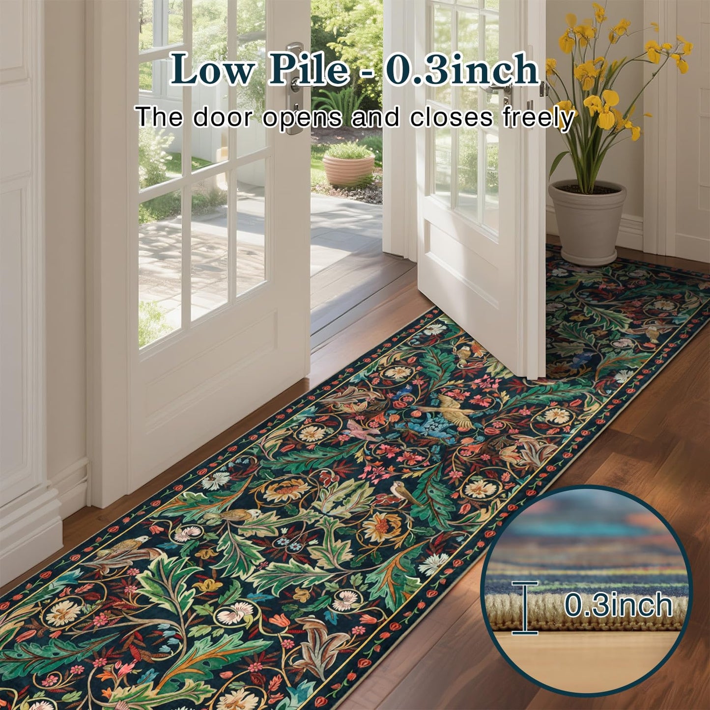 nesrt Boho Washable 3x10 Hallway Runner Rugs, Non Slip Floral Birds Long Kitchen Runners, Soft Jungle Birds Floor Carpet for Entryway, Low Pile Decor Rug for Hall Laundry Bedroom Bathroom (Dark Green)