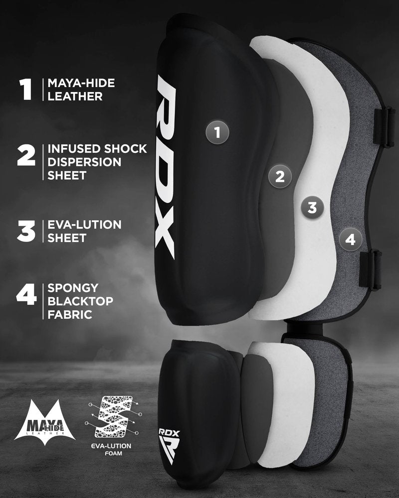 RDX Shin Guards Kickboxing Muay Thai, SATRA SMMAF Approved, Premium Maya Hide Leather, Leg Instep Protection Pads, MMA Martial Arts Kicking Sparring Training Gear, BJJ Karate Boxing Taekwondo, Black