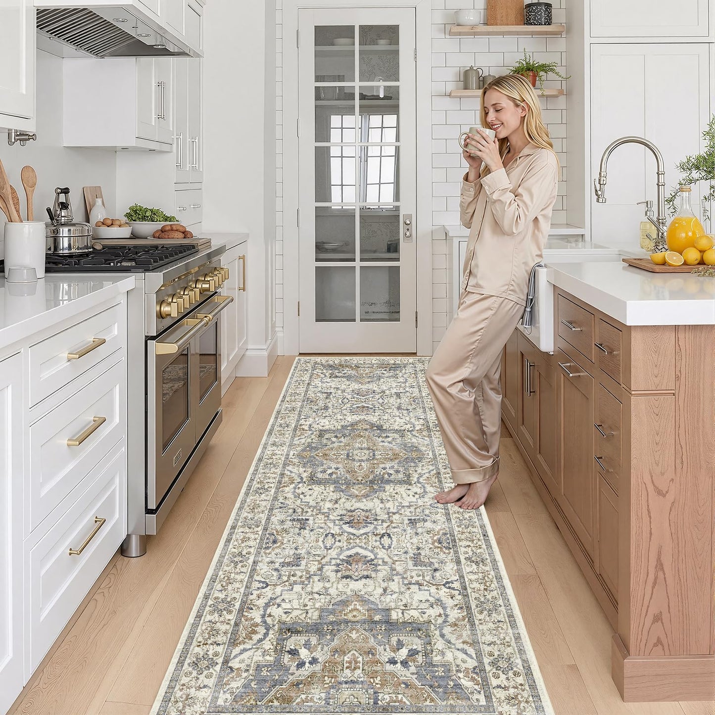EiniHliw 2x6 Washable Kitchen Runner Rug, Non Slip Vintage Runner Rugs for Hallway, Ultra-Thin Low Pile Distressed Kitchen Rugs Non Skid, Machine Washable Laundry Entryway Indoor Carpet,Beige/Blue