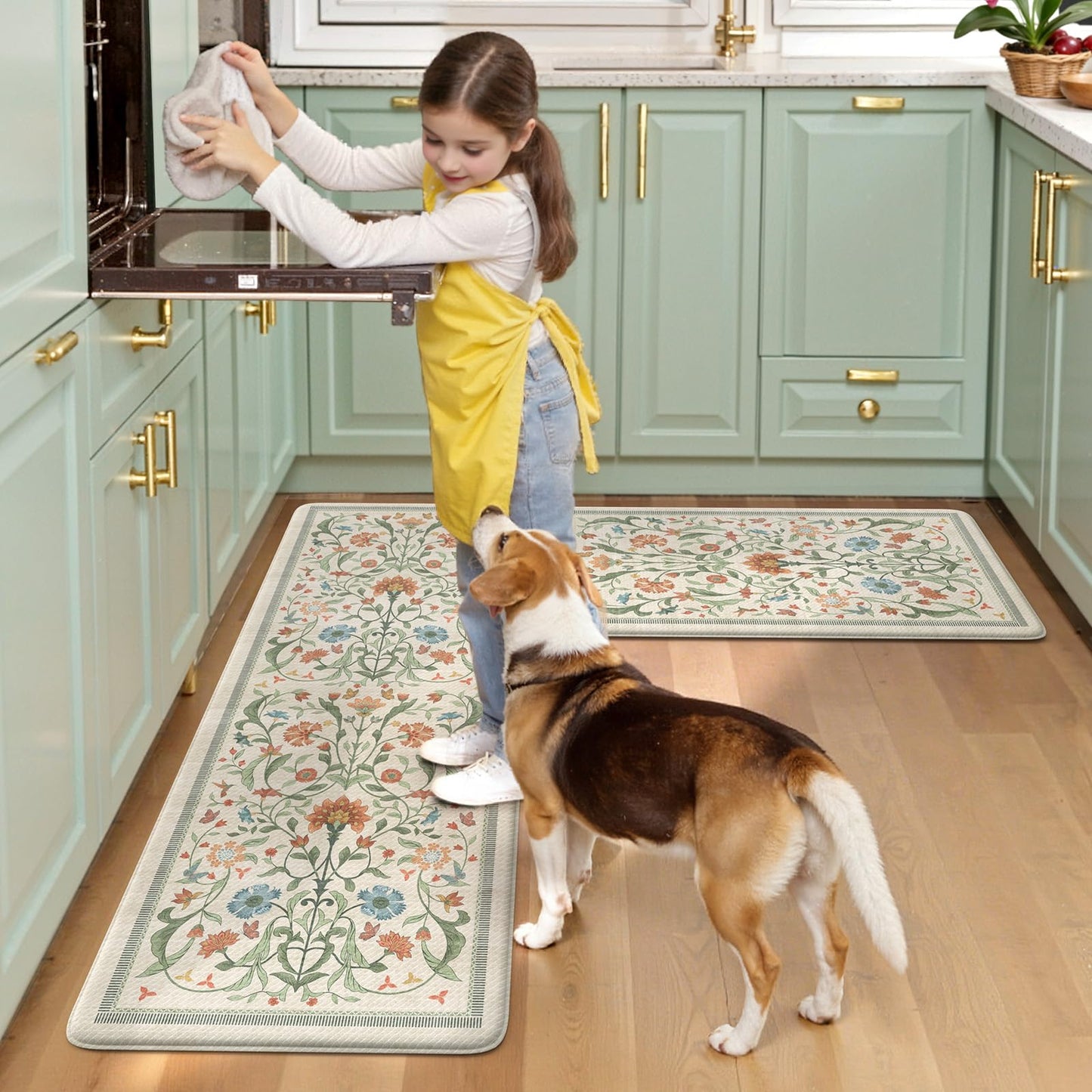 Collive Kitchen Mats for Floor, Cushioned Anti Fatigue Mat Floral Rugs 2 Piece Non Skid Waterproof Sink Rug, Memory Foam Comfort Standing Mat for Office, Laundry, Desk, 17.3"x29"+17.3"x47", Beige