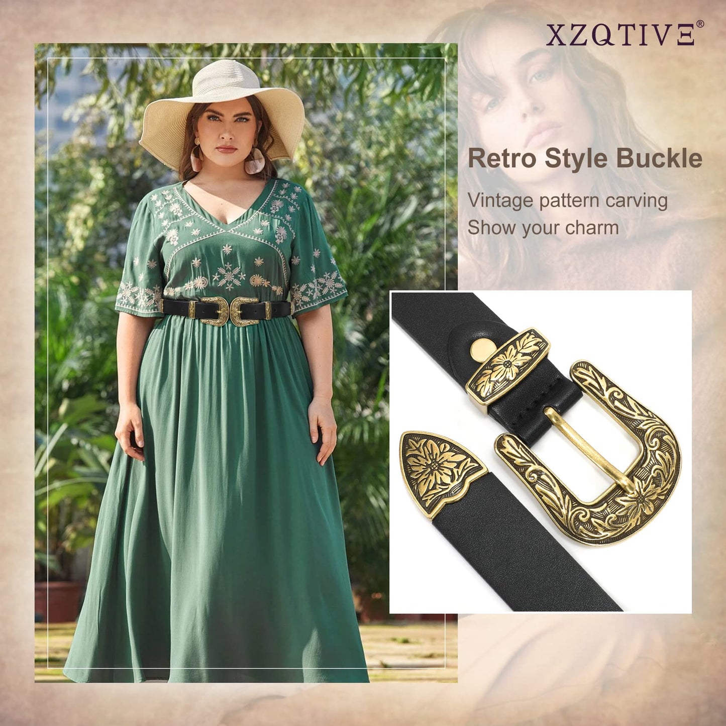 XZQTIVE Women Leather Belt Ladies Vintage Western Belt Retro Cowgirl Leather Belt Black Waist Belt for Pants Jeans Dresses