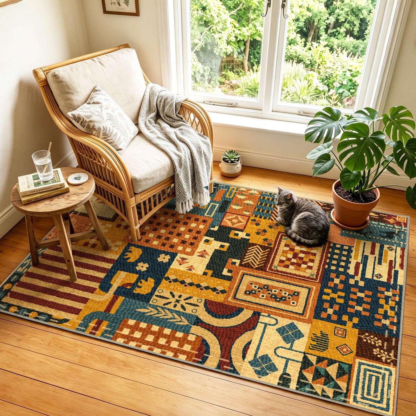 Quntue Easy Jute Front Porch Rug 3x5 Washable Farmhouse Patchwork Tan Rugs for Entryway Non Slip Southwestern Boho Indoor Outdoor Carpet for Patio, Kitchen, Bedroom, Entrance