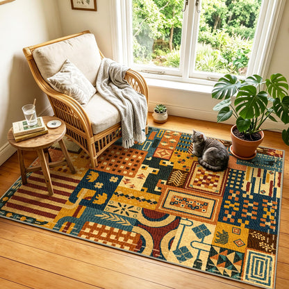 Quntue Easy Jute Front Porch Rug 3x5 Washable Farmhouse Patchwork Tan Rugs for Entryway Non Slip Southwestern Boho Indoor Outdoor Carpet for Patio, Kitchen, Bedroom, Entrance