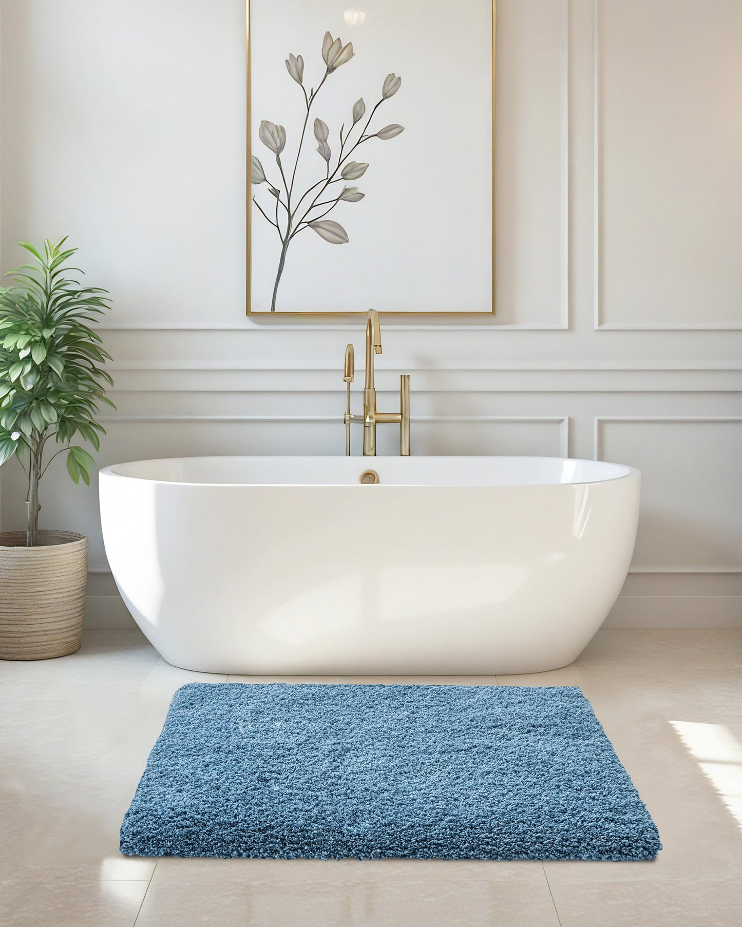 ILANGO Blue Bathroom Rugs 24" × 17" Small Non Slip & Super Absorbent Extra Thick Soft, Washable Bath Mat for Floor, Microfiber Plush Shaggy Bath Rug with Rubber for Bathtub Shower Room Sink