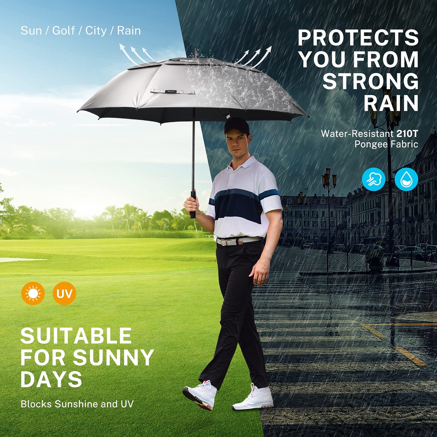 Gonex 68 Inch Silver Extra Large Golf Umbrella, Automatic Open Travel Rain Umbrella with Windproof Water Resistant Double Canopy, Oversize Vented Umbrellas for 2-3 Men and UV protection, Black