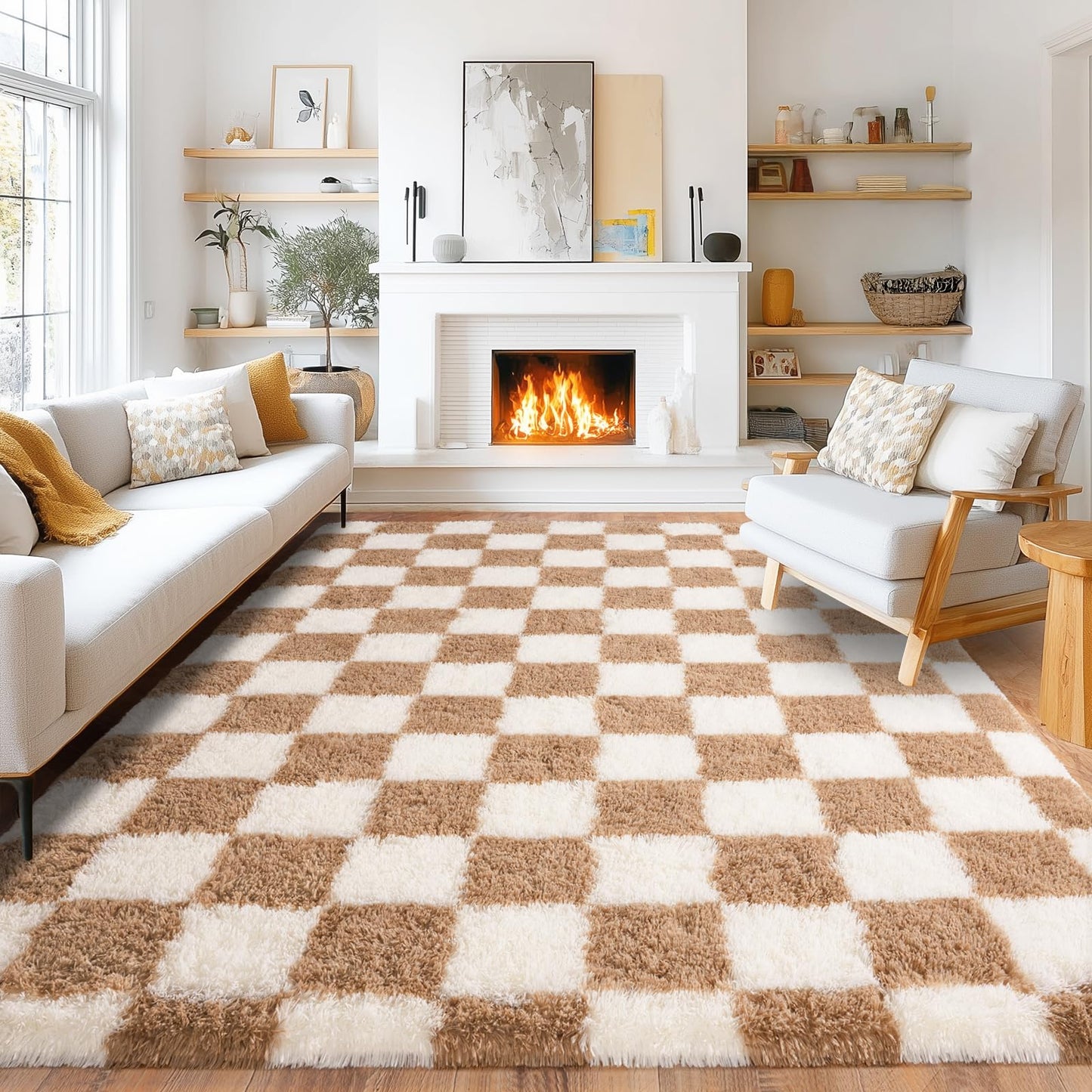 Pionblank 8x10 Area Rugs for Living Room, Fluffy Plush Checkered Rug for Bedroom, Shag Non Slip Soft Furry Large Carpet for Kids Room Nursery Home Decor, Beige and Cream White